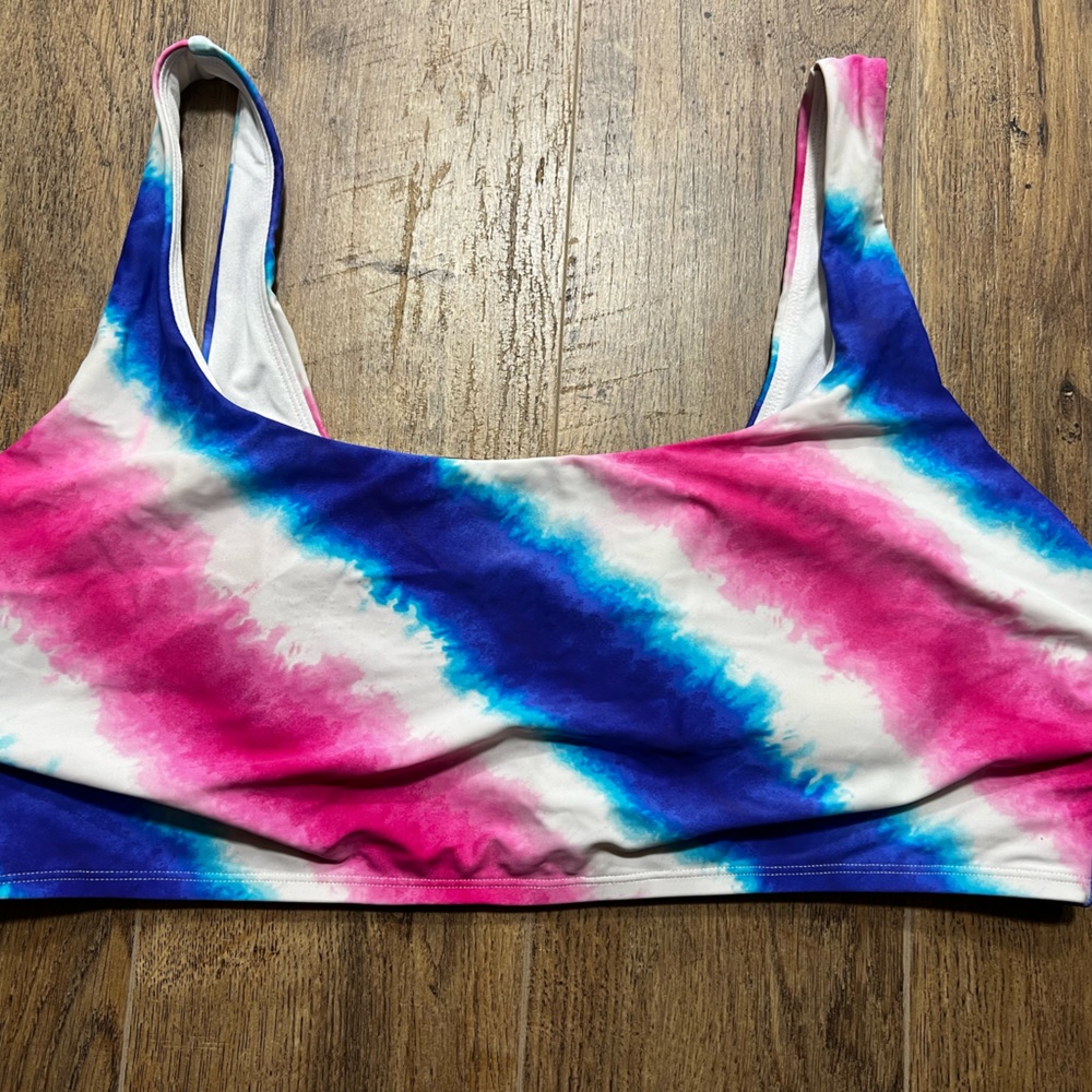 Pink white and blue patterned bathing suit top